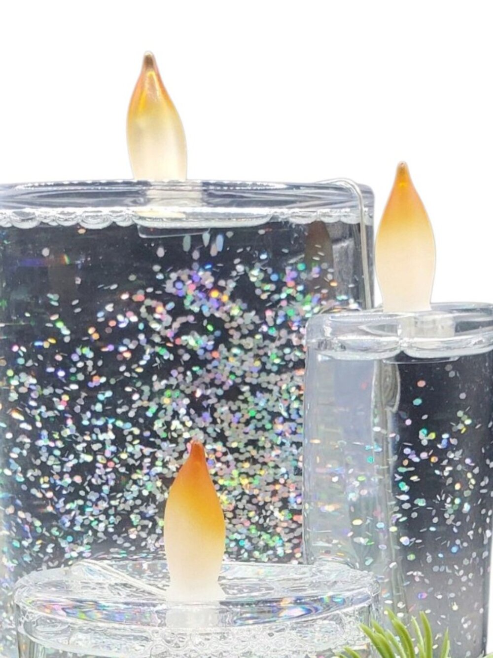 Christmas Glitter Flameless Triple Candle Centerpiece Pinecones & Red Berries - Picture 7 of 9